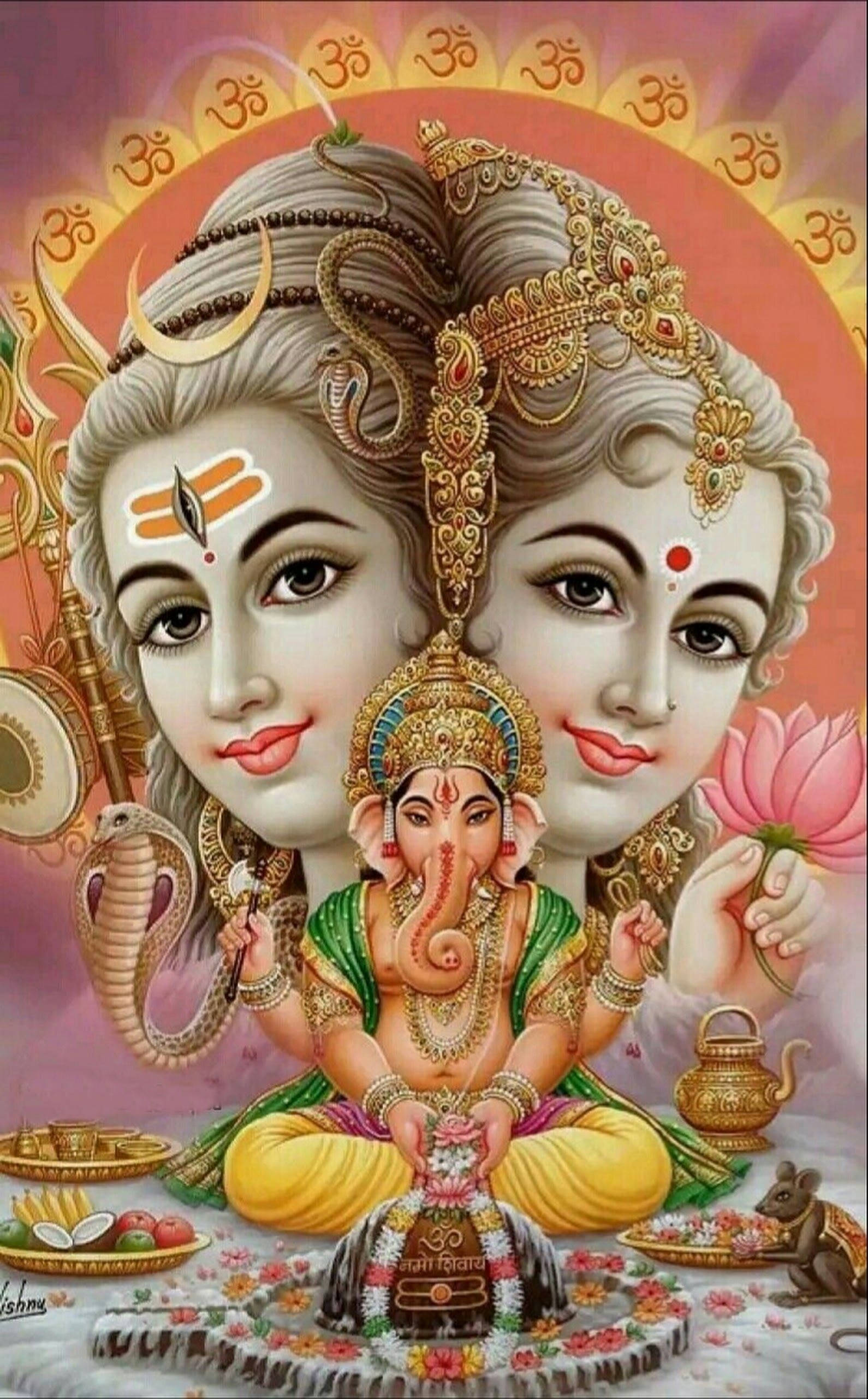 उत्सवी शिव पार्वती मर्ज्ड हेड और गणेश वॉलपेपर