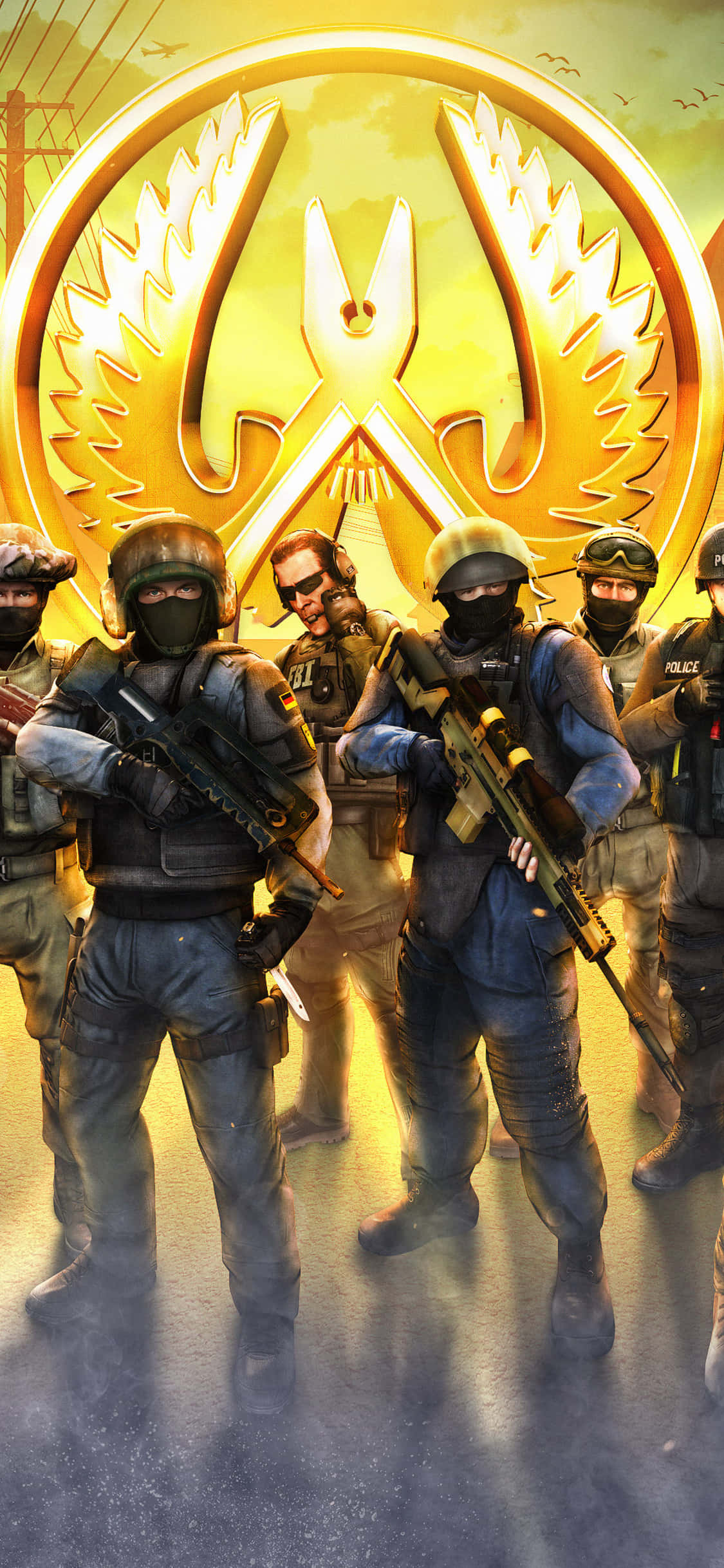 Android Counter-strike Global Offensive काउंटर टेररिस्ट लोगो बैकग्राउंड के साथ वॉलपेपर