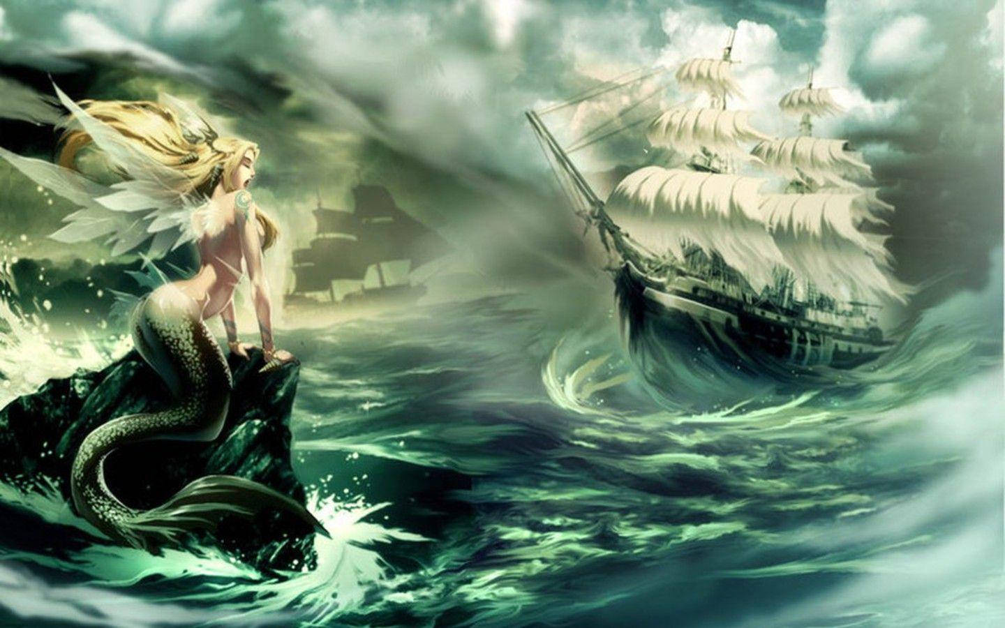 समुद्र में तूफान में जहाज देखती हैरान मत्स्य कन्या वॉलपेपर। — मरमेड वॉलपेपर