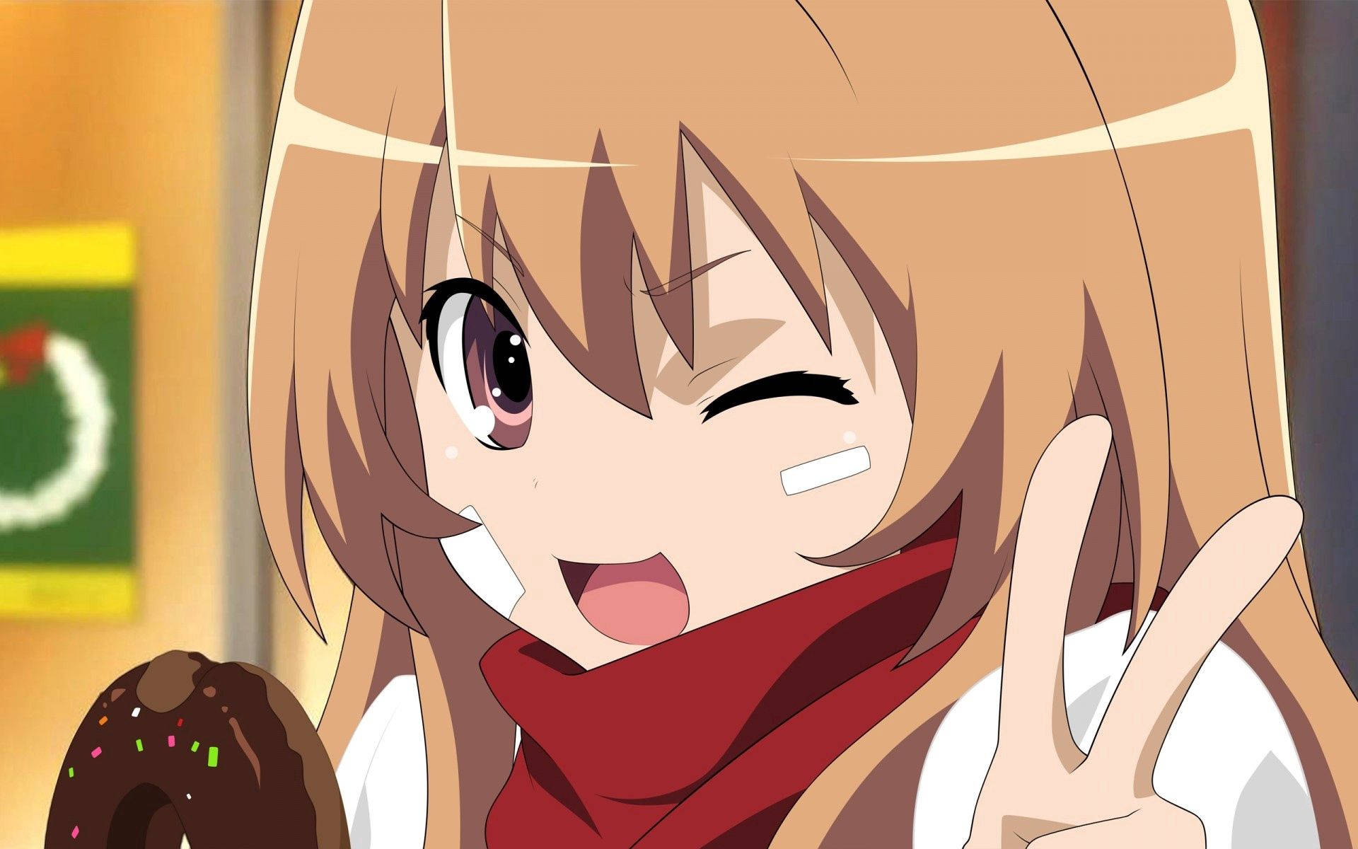 Toradora से ताइगा ऐसाका का शांति चिन्ह के साथ सेल्फी फोटो वॉलपेपर — एनीमे लड़की वॉलपेपर