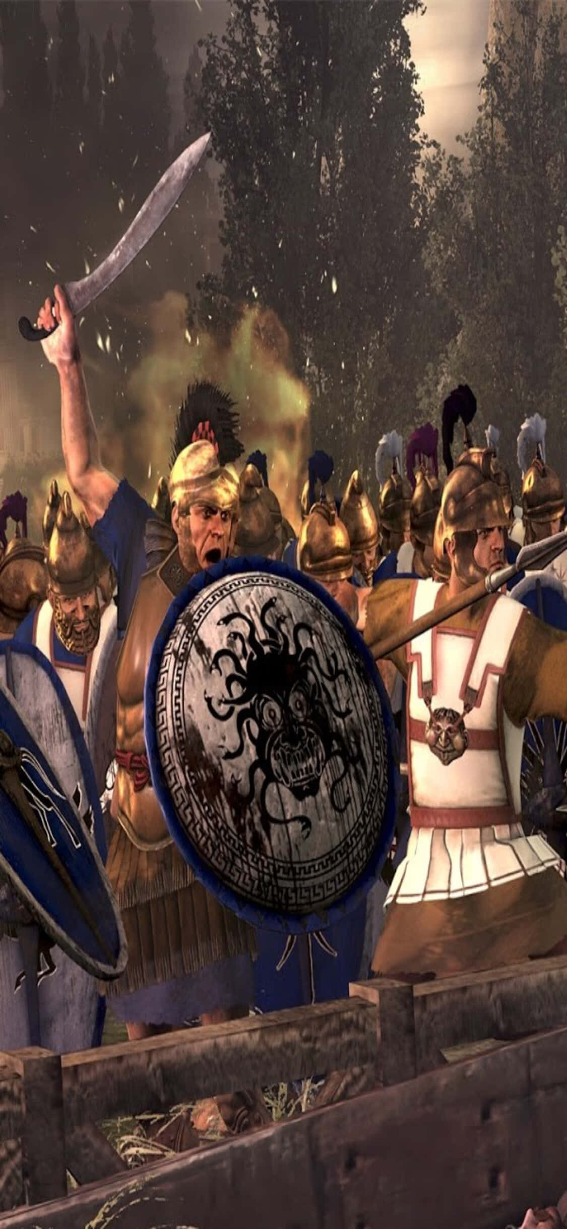 कवच और ढालों में लोगों का एक समूह वॉलपेपर