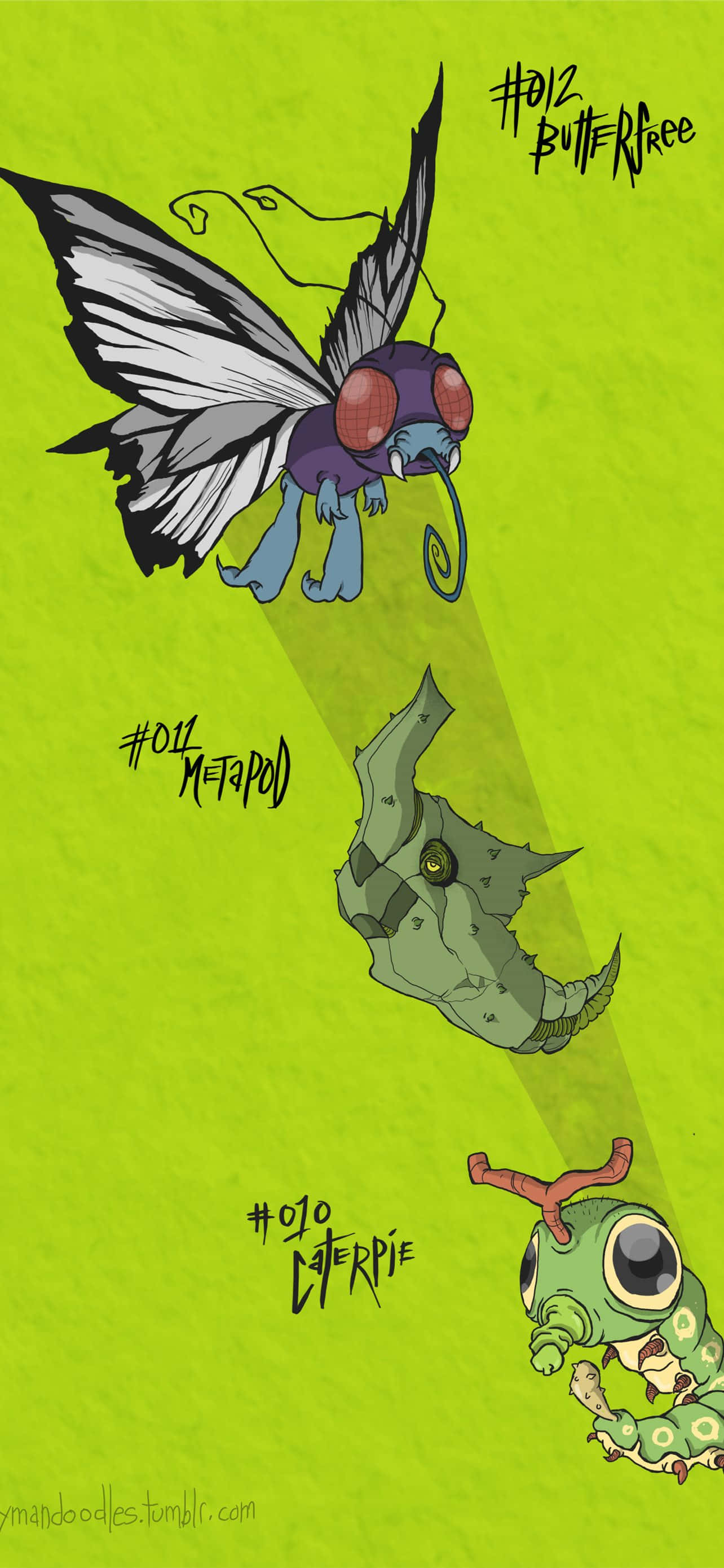 Caterpie, Metapod और Butterfree ग्रीन एस्थेटिक फ़ोन वॉलपेपर
