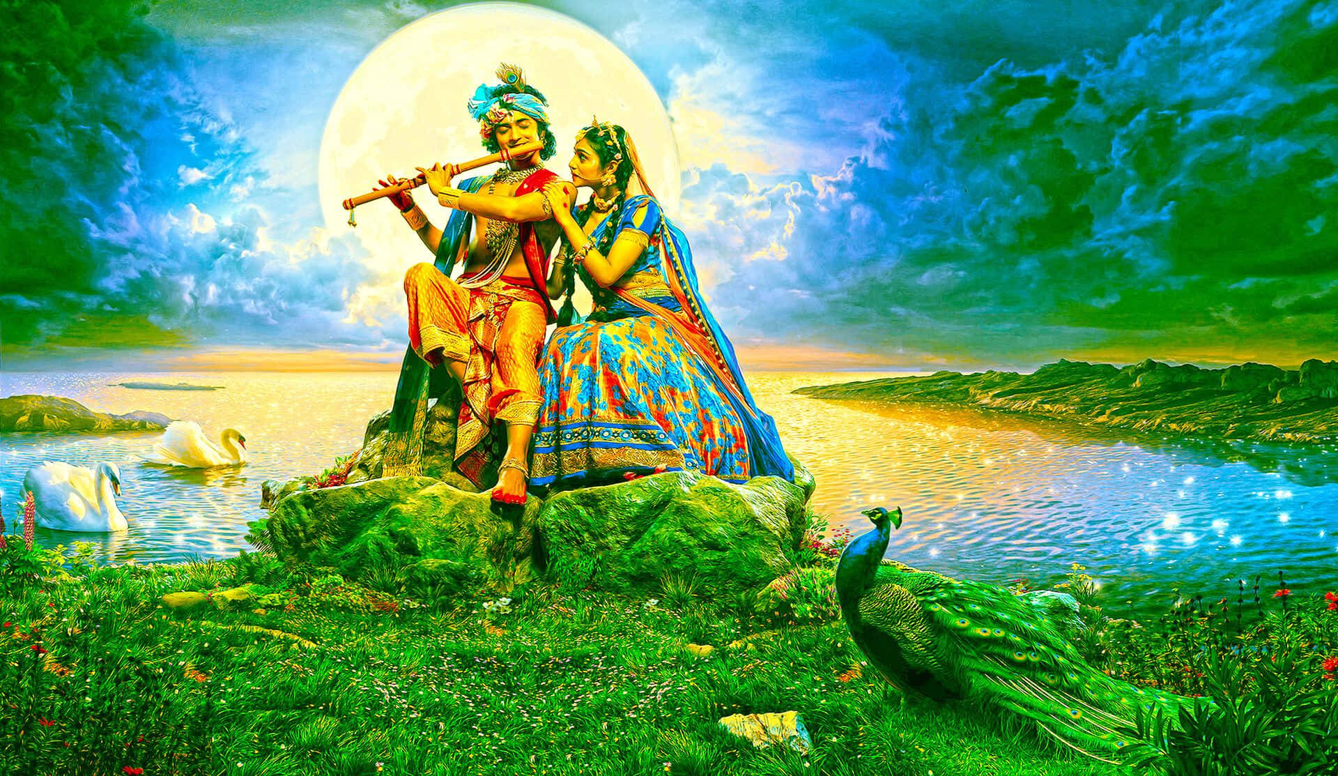 कैप्शन: राधा-कृष्ण के दिव्य प्रेम की भक्तिमय सुंदरता वॉलपेपर