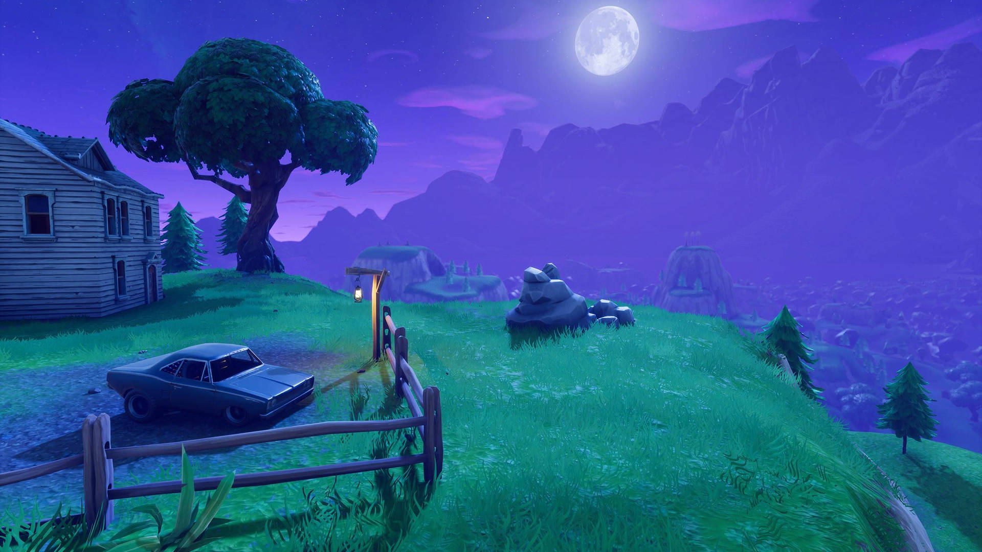 Fortnite HD वॉलपेपर में पूर्णिमा के साथ रात और शांतिपूर्ण दृश्य।