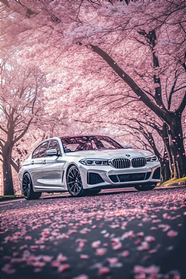 चेरी ब्लॉसम के नीचे सौंदर्यपूर्ण स्प्रिंग स्लीक व्हाइट BMW वॉलपेपर