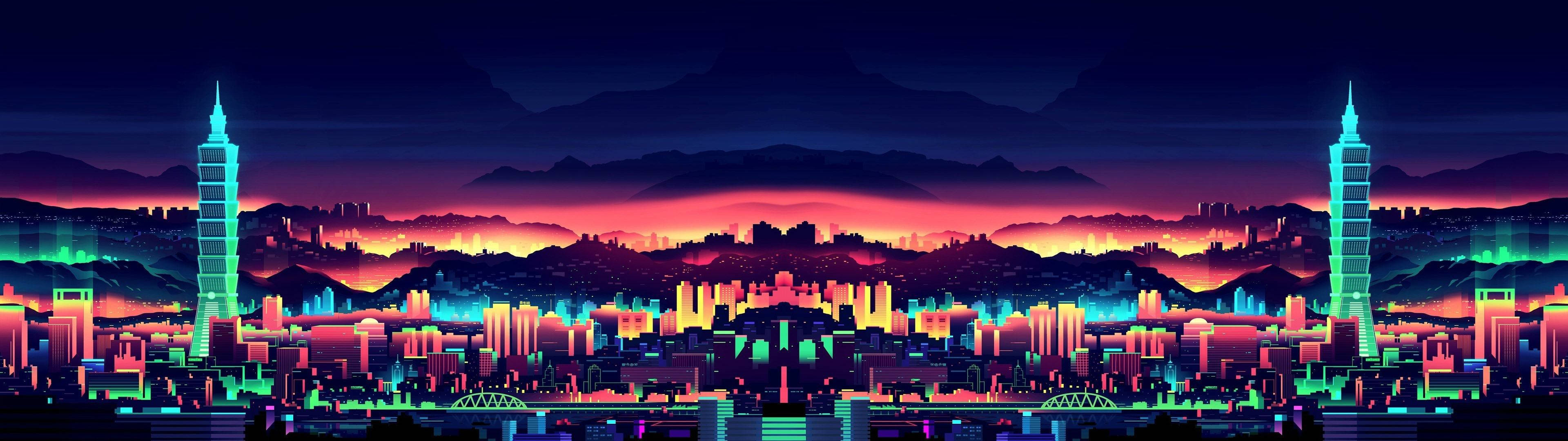 3840x1080 HD डुअल मॉनिटर सिटी आर्ट — डुअल मॉनिटर जीआईएफ वॉलपेपर