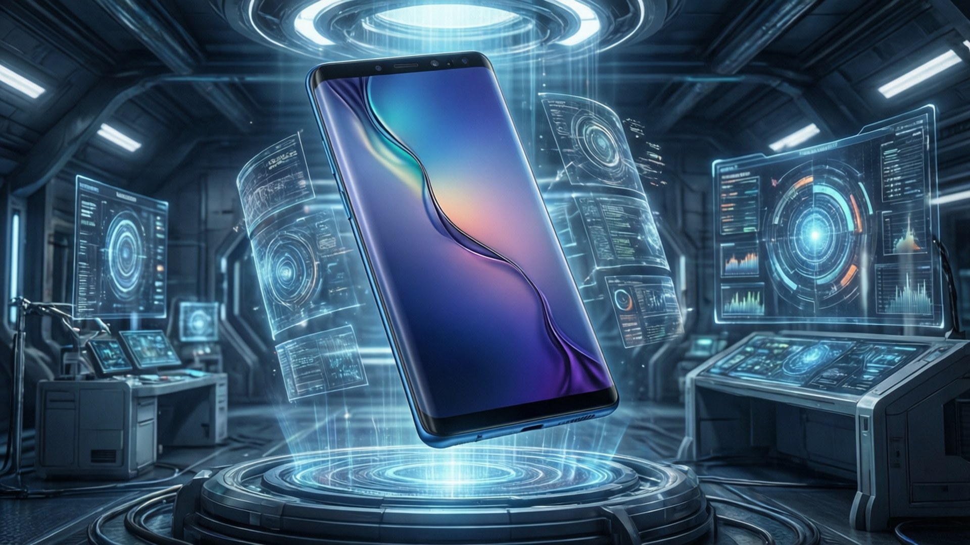 होलोग्राफिक लैब में तैरते Galaxy S10 के साथ साइंस-फाई वॉलपेपर। — गैलेक्सी S10 जीआईएफ वॉलपेपर