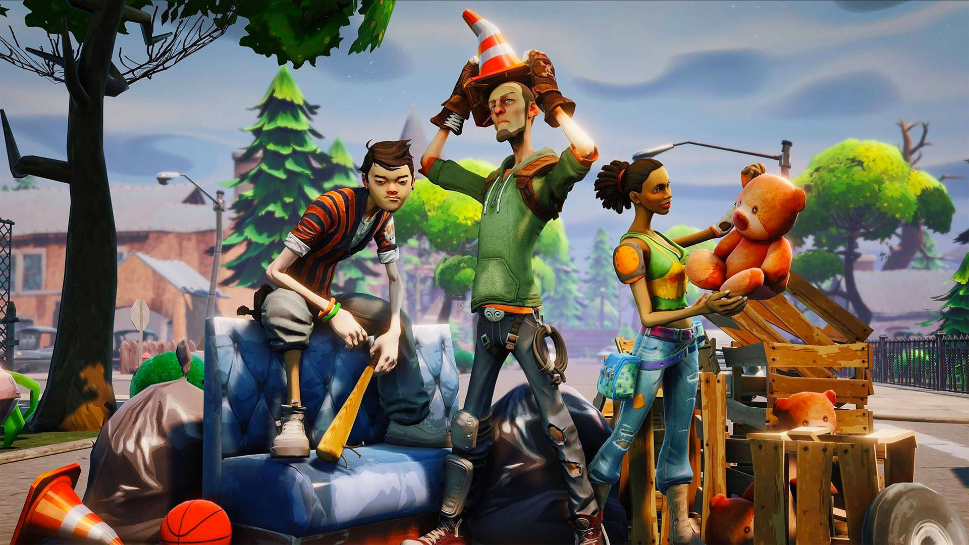 Fortnite के तीन पात्र सड़कों पर पोज़ दे रहे हैं HD वॉलपेपर।