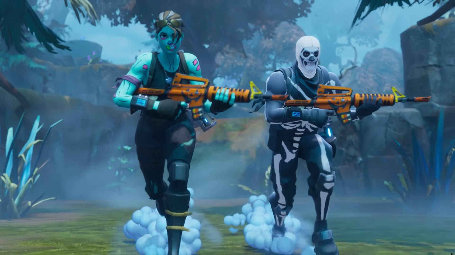 Fortnite में शीतकालीन स्किन्स वाले दो पात्रों का HD वॉलपेपर।