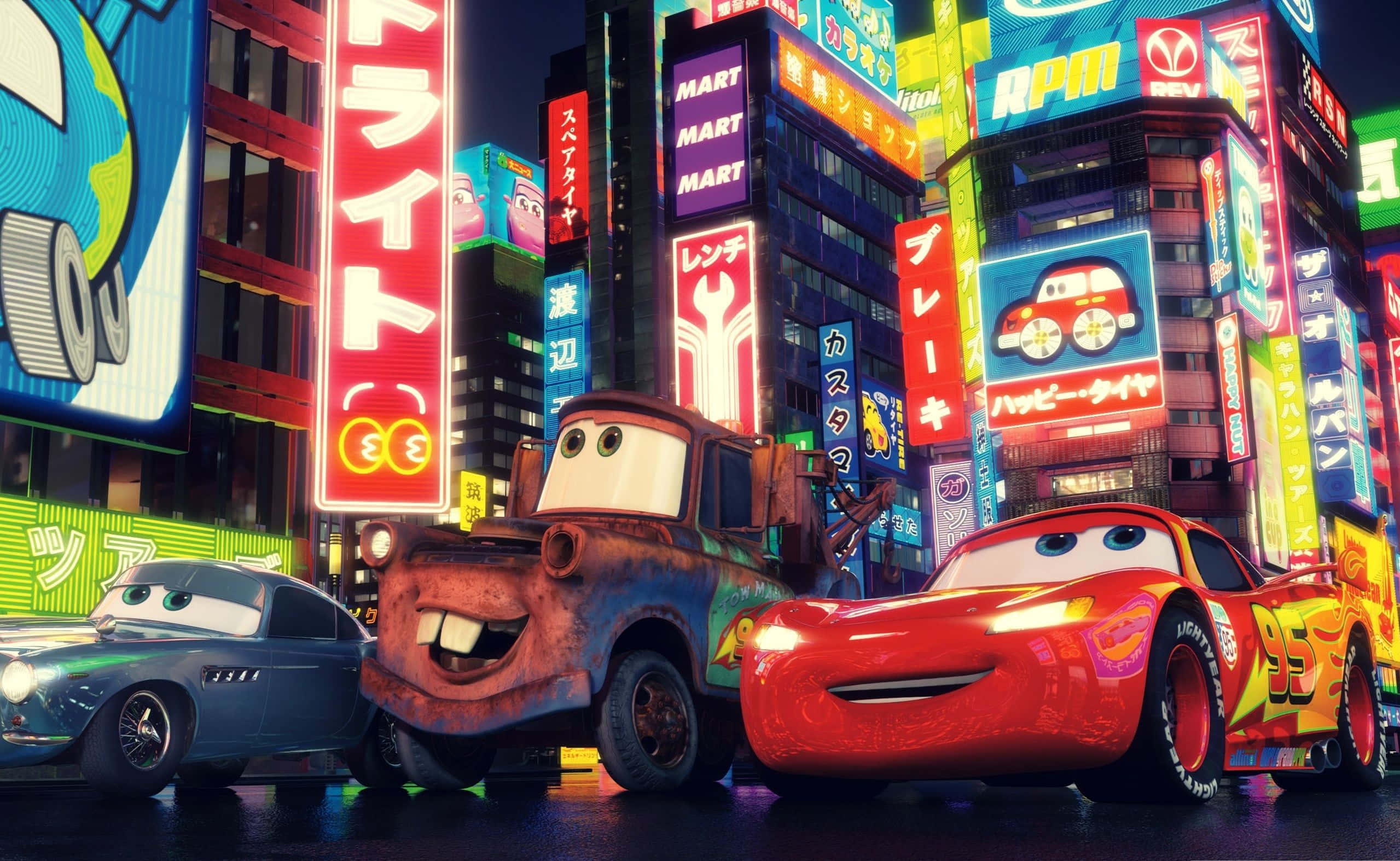 नियॉन रोशनी वाले शहर में कारें वॉलपेपर