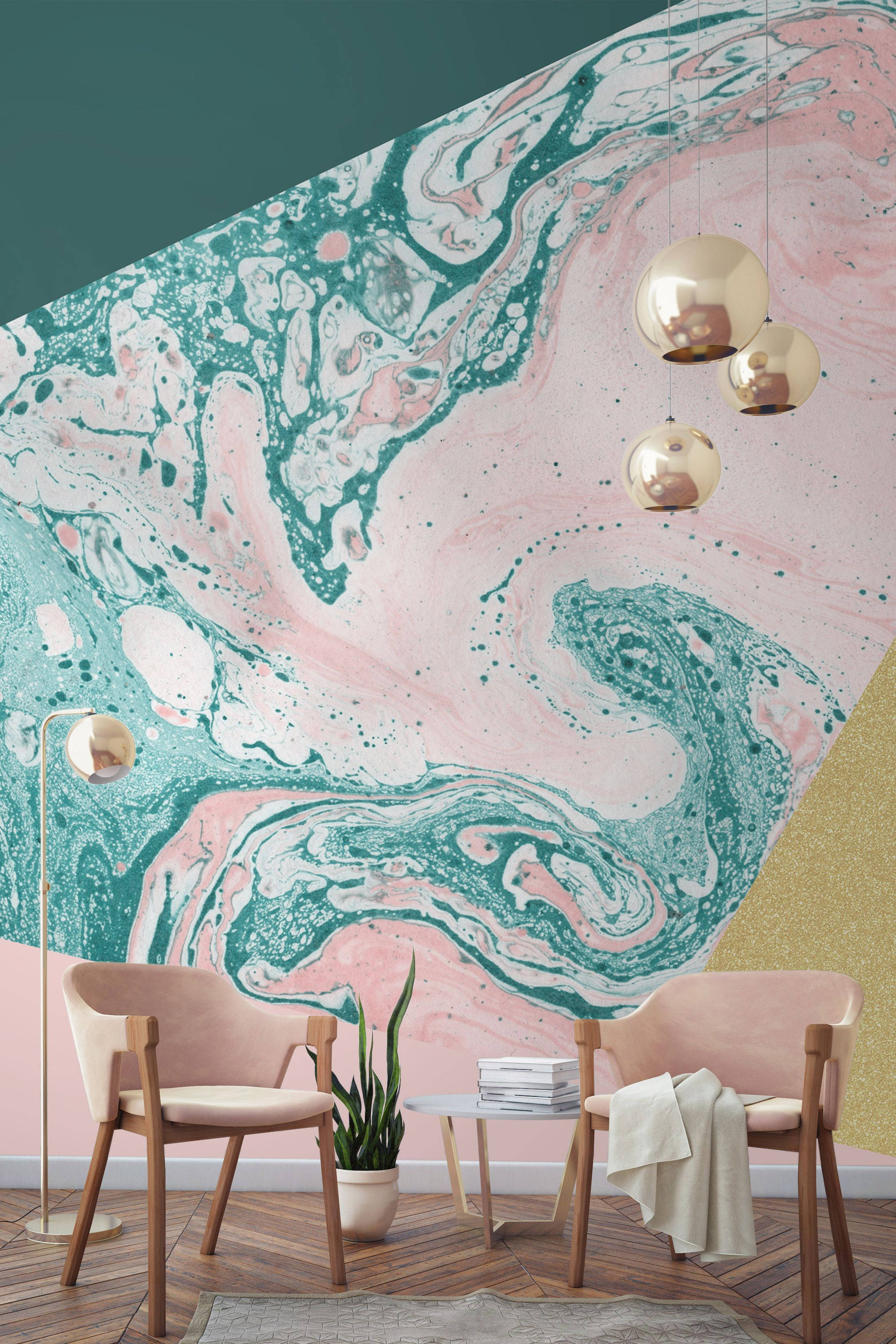 पेस्टल हरा और गुलाबी संगमरमर की दीवार वॉलपेपर