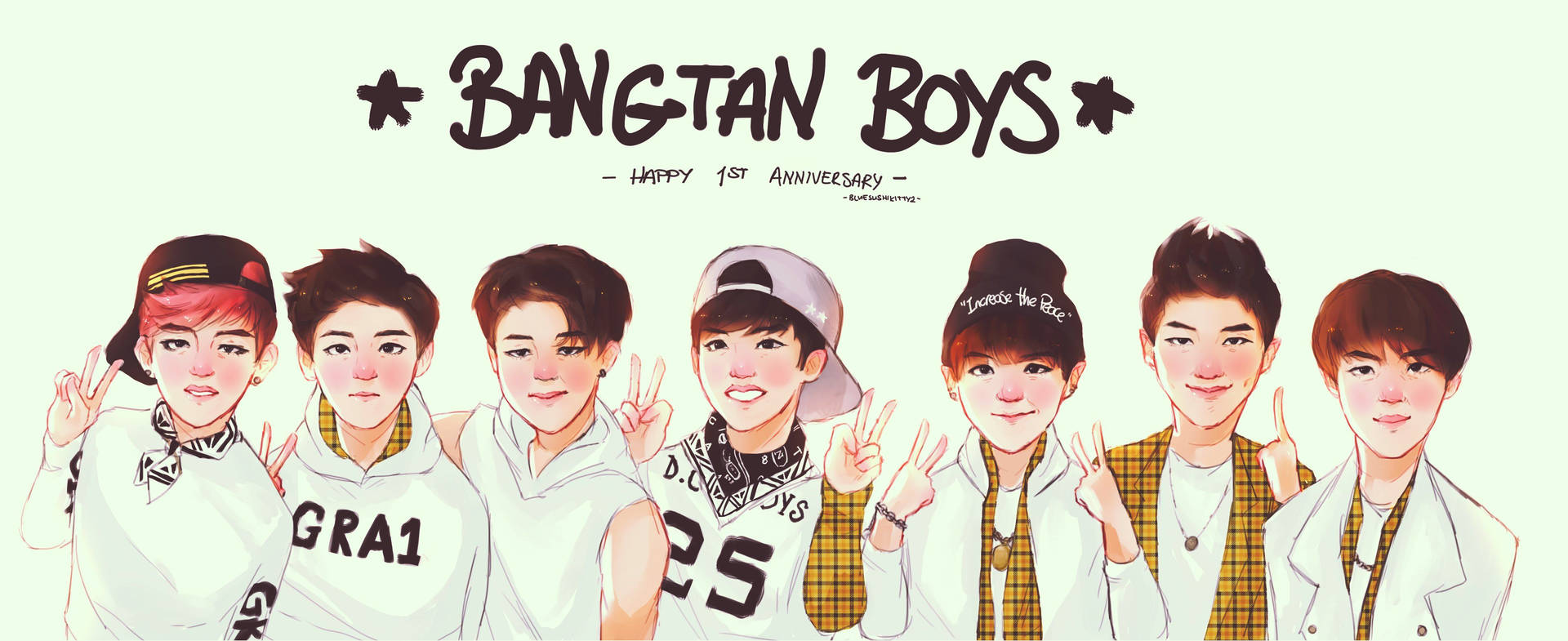 BTS Bangtan लड़कों का कार्टून फैनआर्ट प्यारे बैकग्राउंड में। — बीटीएस वॉलपेपर