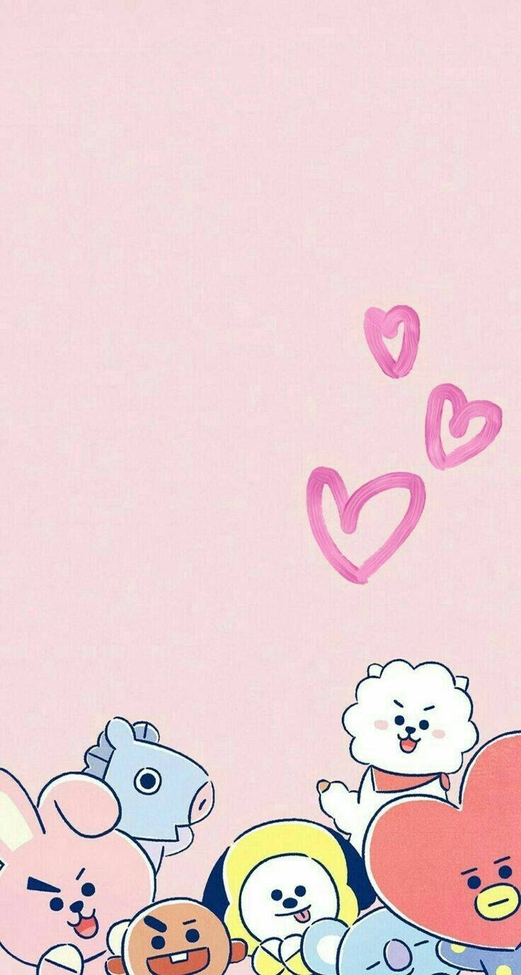 प्यारे BT21 किरदार दिल की रूपरेखा वॉलपेपर