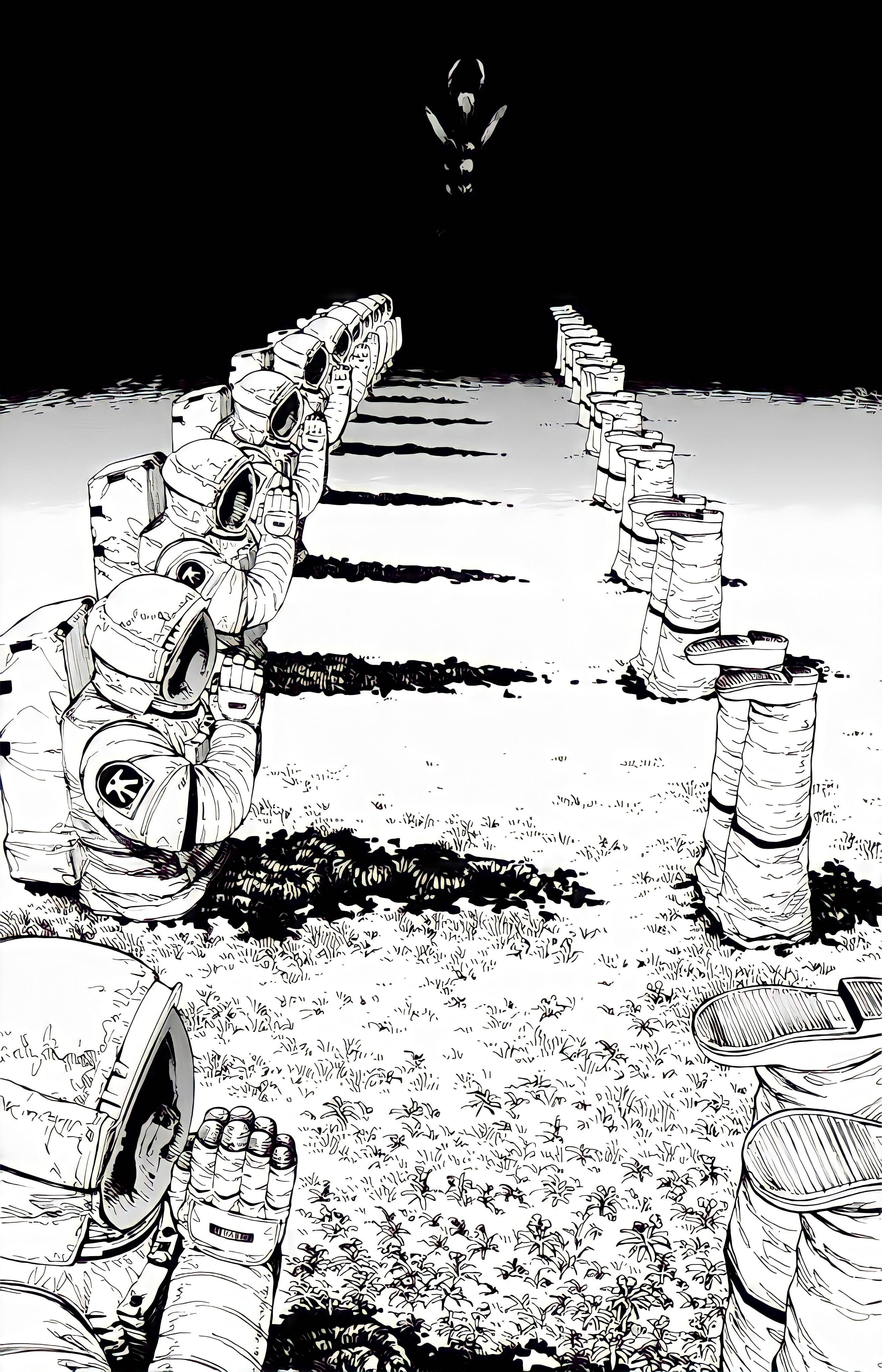 प्रार्थना करते अंतरिक्ष यात्री Chainsaw Man एनीमे ब्लैक एंड व्हाइट iPhone वॉलपेपर