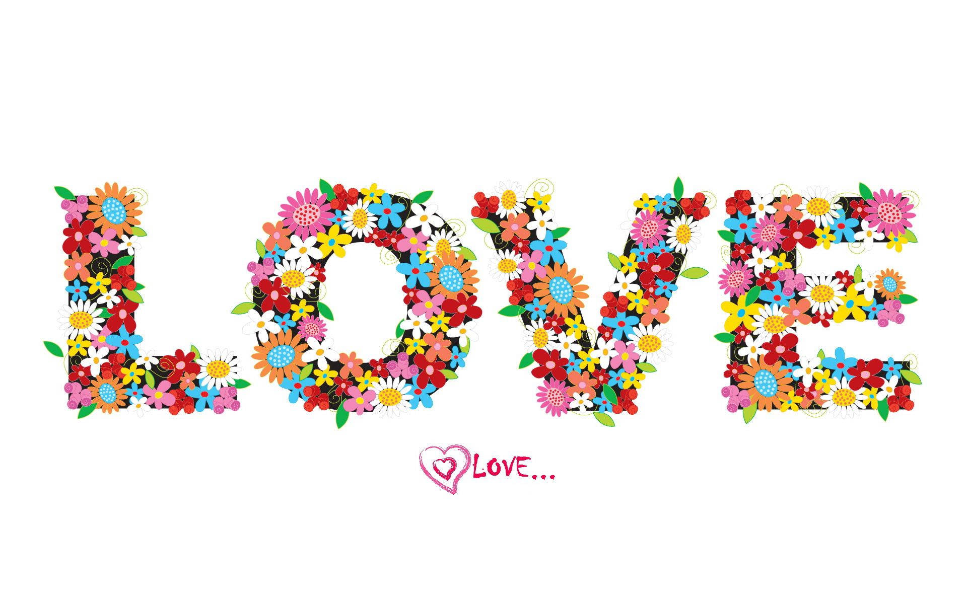 सफेद पृष्ठभूमि पर विभिन्न रंगों के खिले हुए फूलों से बना शब्द "love" का शिलालेख। — प्यार वॉलपेपर