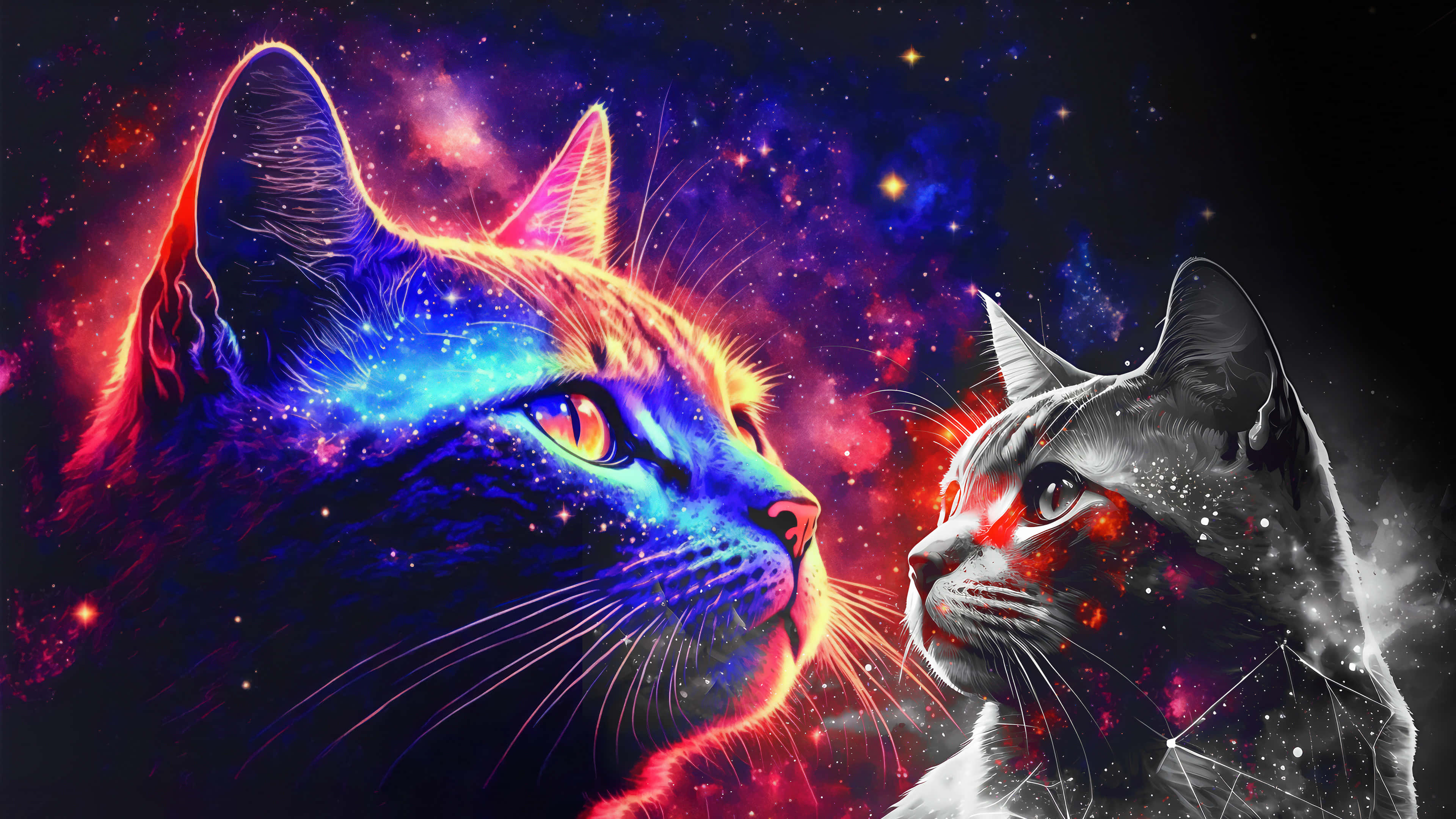बाहरी अंतरिक्ष में तारों भरे आसमान के नीचे कूल बिल्लियों की तस्वीर वॉलपेपर