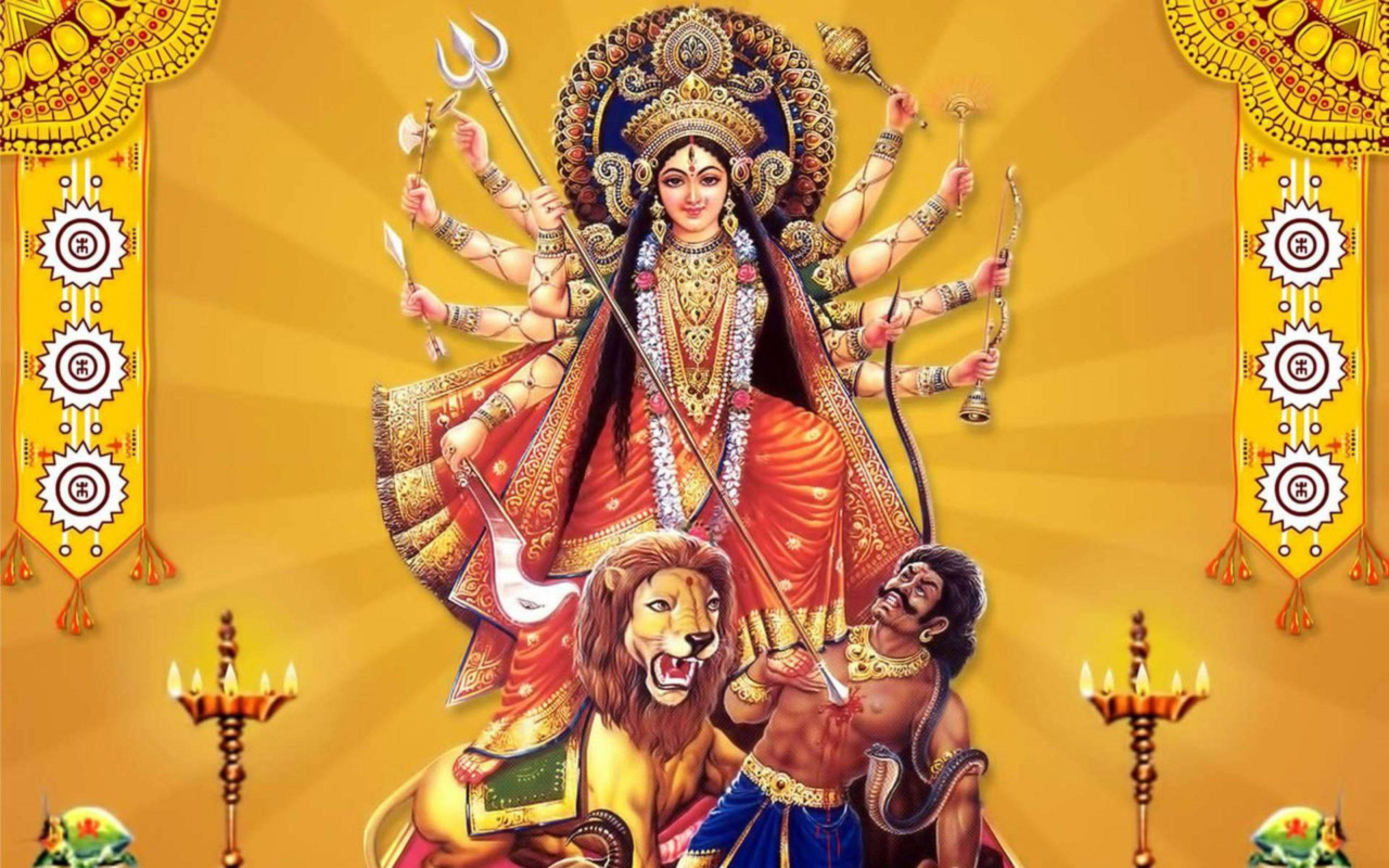 माताजी शेर गोल्डन बैकग्राउंड वॉलपेपर