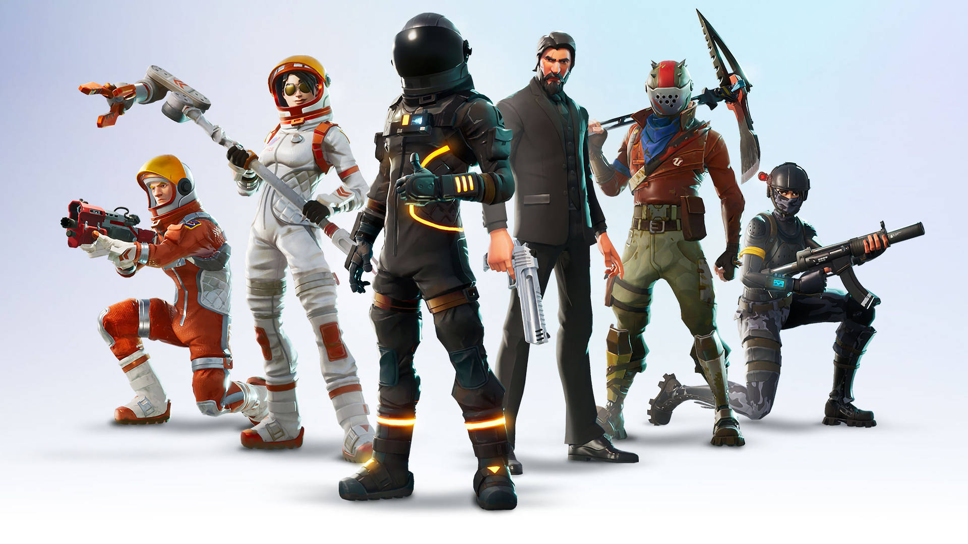 सफेद पृष्ठभूमि पर Fortnite गेम के फिल्मी स्किन्स वाले छह शांत पात्रों का HD वॉलपेपर।
