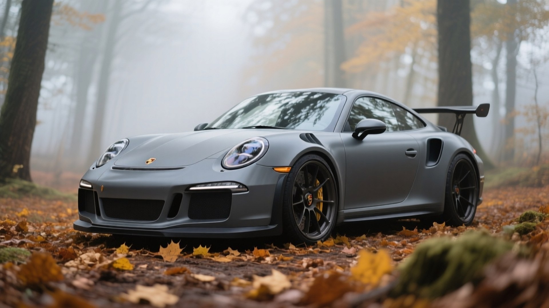 शरद वन में मैट ग्रे पोर्श 911 GT3 RS — कूल कारें वॉलपेपर