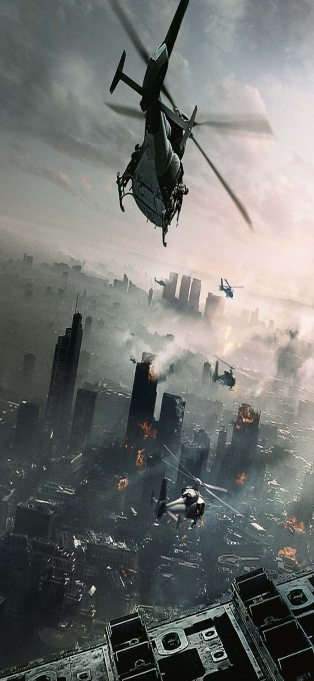 शहर के ऊपर हेलीकॉप्टर iPhone XS Max World War Z बैकग्राउंड वॉलपेपर