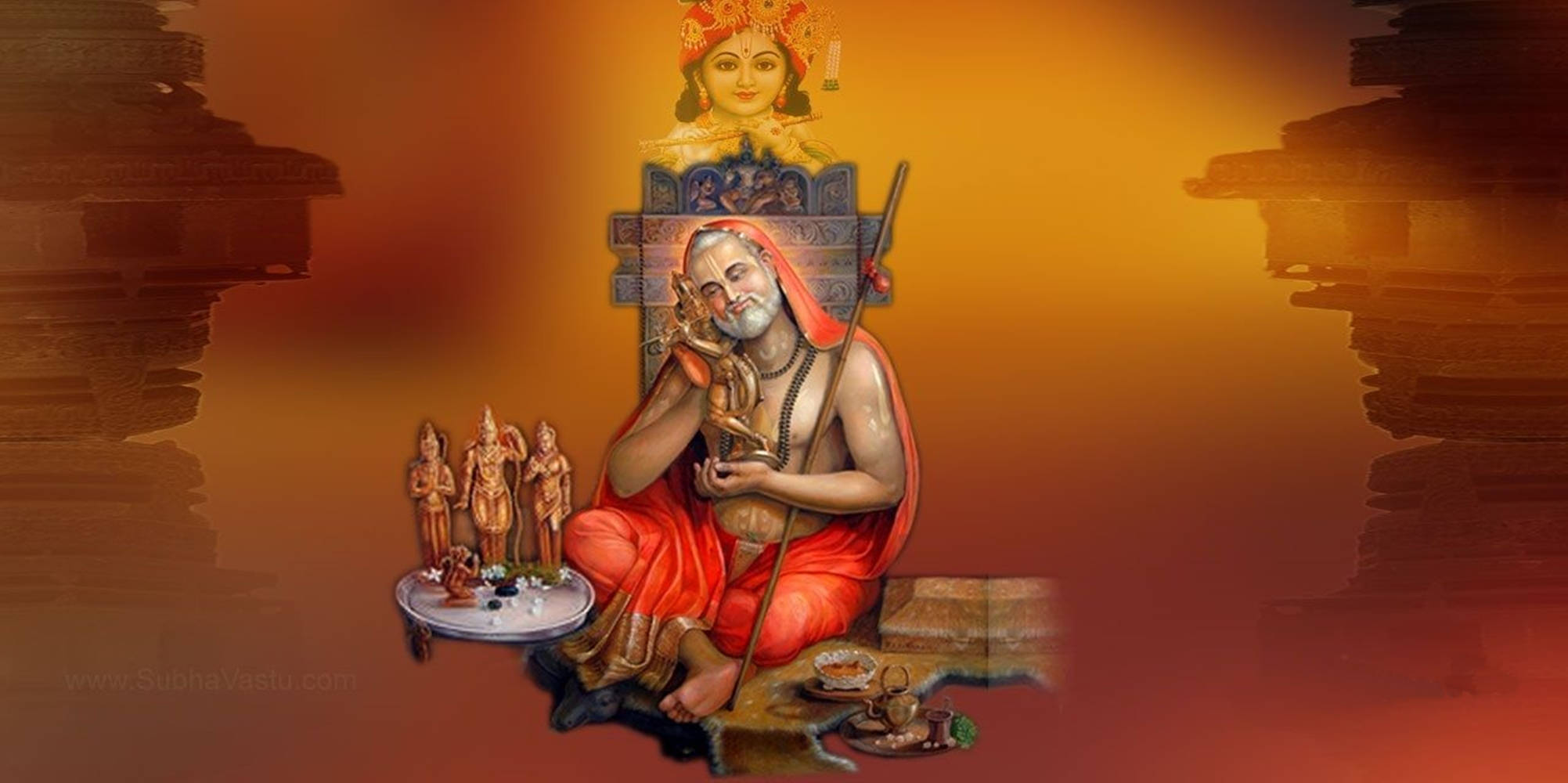 शांत दिव्य दृश्य - भगवान राघवेंद्र पवित्र भारतीय मूर्तियों से घिरे हुए वॉलपेपर