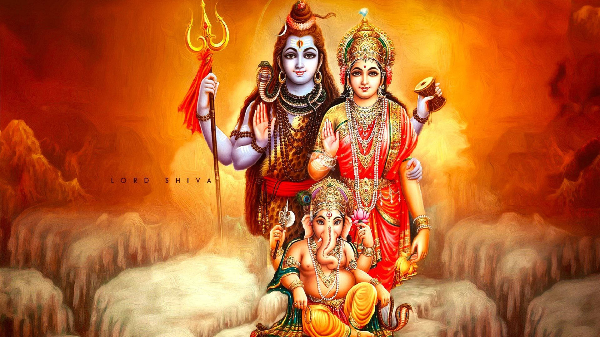 शिव पार्वती गणेश लाल और नारंगी पृष्ठभूमि वॉलपेपर