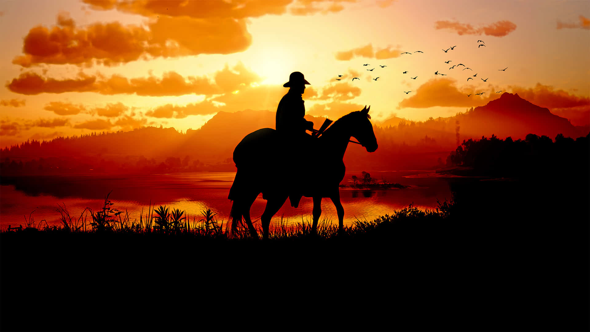 शेरिफ सूर्यास्त के साथ घोड़े पर सवार 1920x1080 Red Dead Redemption 2 बैकग्राउंड वॉलपेपर