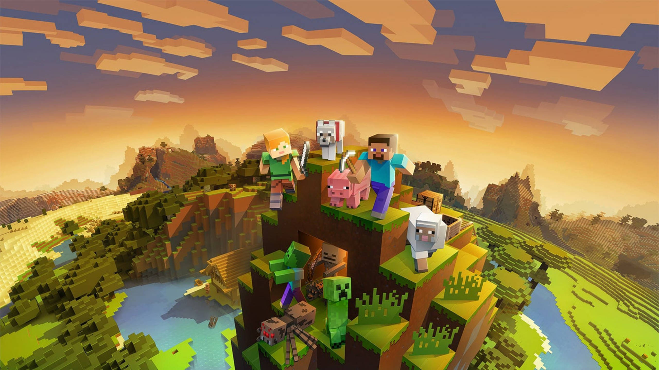 सूर्यास्त के समय पहाड़ 2560x1440 Minecraft वॉलपेपर