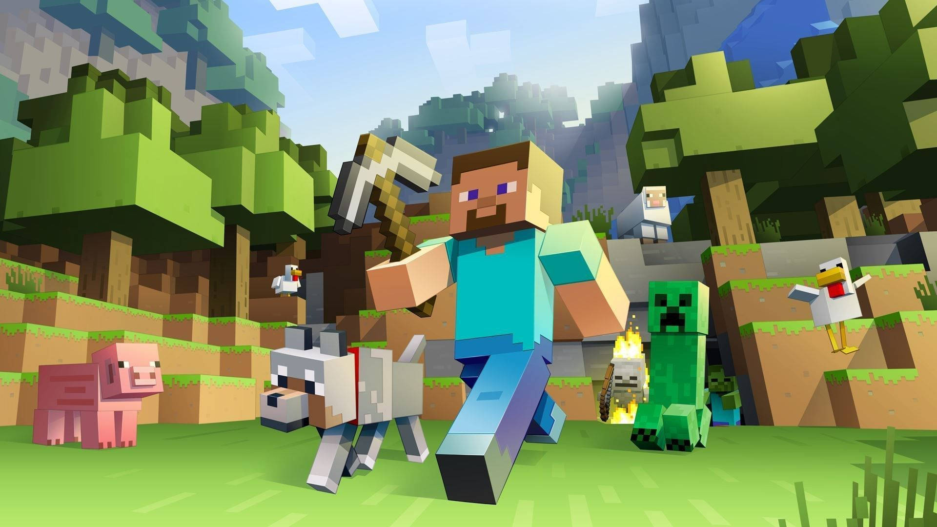 स्टीव और जानवर मूविंग Minecraft वॉलपेपर
