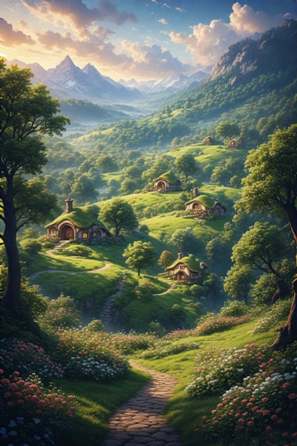 हॉबिटन पहाड़ियाँ और हॉबिट घर फंतासी 4K वॉलपेपर
