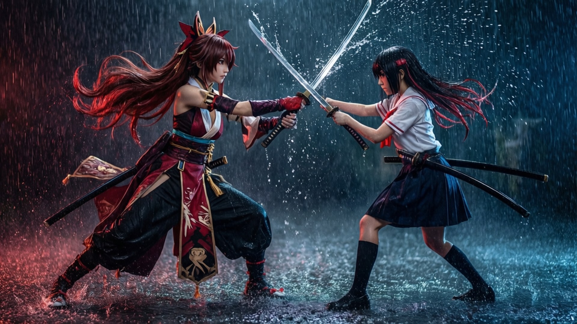 リュウコとサツキの雨の中の決闘 वॉलपेपर