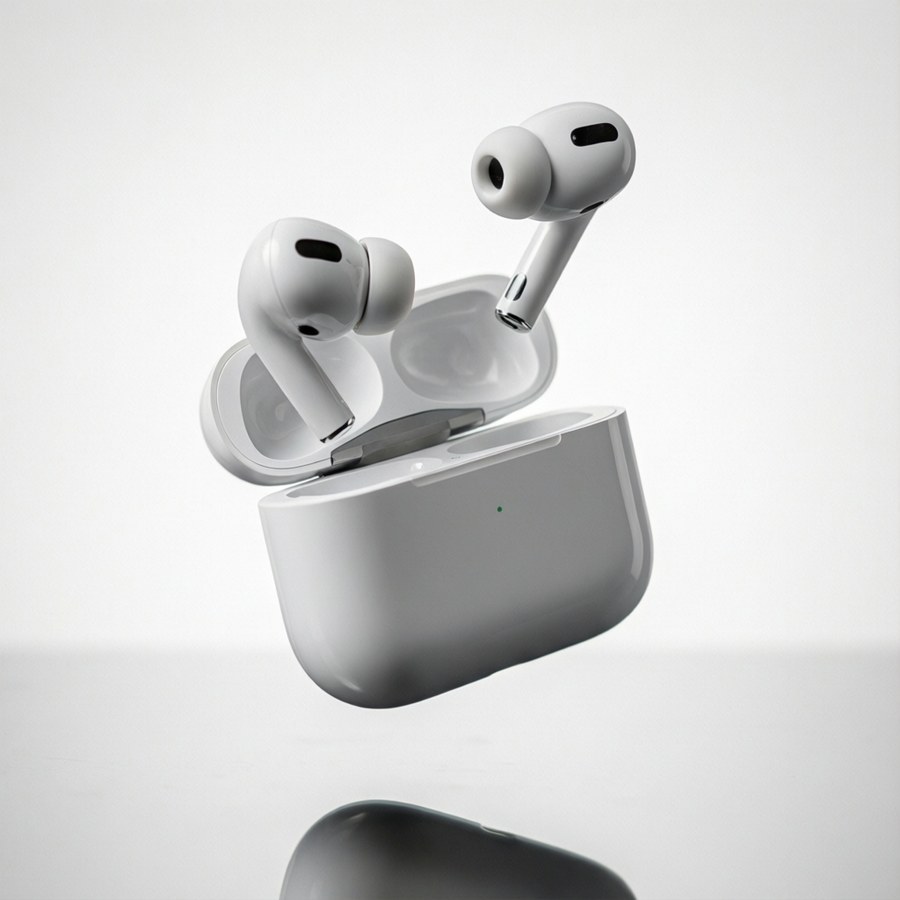 हवा में तैरते AirPods, उत्पाद फोटोग्राफी