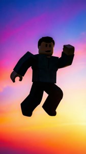 एक रंगीन आकाश में कूदते Roblox अवतार का एक न्यूनतम सिल्हूट। — आईफोन 7 वॉलपेपर