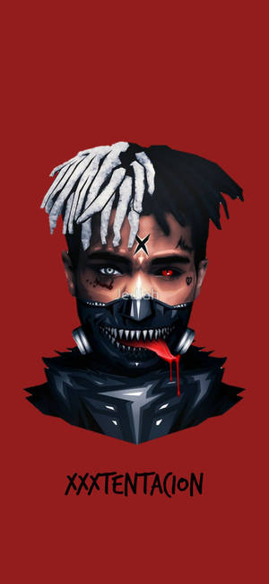 दाँत दिखाते मुखौटे और लाल पृष्ठभूमि में XXXTentacion की दीवार पृष्ठभूमि।