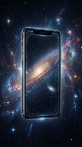 ब्रह्मांडीय वॉलपेपर जिसमें iPhone X तारों के बीच तैर रहा है।