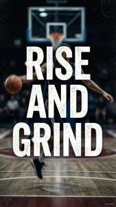 बास्केटबॉल कोर्ट के दृश्य पर प्रेरणादायक उद्धरण 'RISE AND GRIND'। — बास्केटबॉल जीआईएफ वॉलपेपर