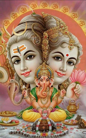 उत्सवी शिव पार्वती मर्ज्ड हेड और गणेश — 荣耀 Pad 20 Pro वॉलपेपर