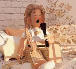 एक गुड़िया माइक्रोफोन के साथ बिस्तर पर बैठी है — सौंदर्यपूर्ण Roblox वॉलपेपर