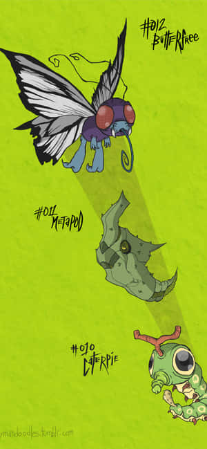 Caterpie, Metapod और Butterfree ग्रीन एस्थेटिक फ़ोन — आईफोन 15 प्रो वॉलपेपर
