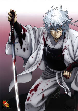 Gintama खूनी Gintoki फर्श पर आधा घुटना टेके हुए वॉलपेपर — ओप्पो पैड 5 वॉलपेपर