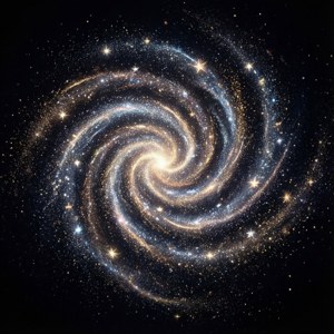 काले पृष्ठभूमि पर चमकदार जादुई धूल और तारों से बनी एक सर्पिल आकाशगंगा, ब्रह्मांडीय और सुरुचिपूर्ण। — हुआवेई नोवा फ्लिप वॉलपेपर