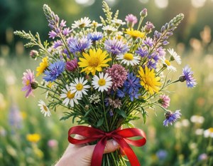 लाल रिबन के साथ जंगली फूलों का गुलदस्ता पकड़े हुए हाथ, ताज़ा प्रेम सौंदर्य। — प्यार सौंदर्यशास्त्र वॉलपेपर
