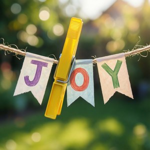 पीला क्लॉथस्पिन जिस पर JOY लिखा बैनर है — मोटोरोला रेज़र 70 वॉलपेपर