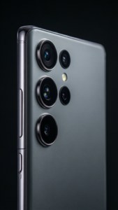 S24 Ultra के टाइटेनियम बैक पैनल और कैमरा लेंस का क्लोज़-अप