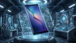 होलोग्राफिक लैब में तैरते Galaxy S10 के साथ साइंस-फाई वॉलपेपर।