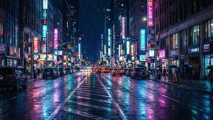साइबरपंक शहर की सड़क रात में नियॉन रोशनी और गीले प्रतिबिंबों के साथ। — आईपैड वॉलपेपर