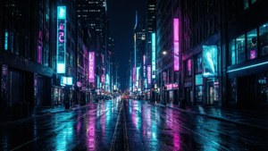 OLED डिस्प्ले के लिए गहरे काले रंग के साथ जीवंत नियॉन सिटीस्केप।