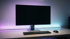 RGB लाइटिंग के साथ साफ और आधुनिक डेस्कटॉप सेटअप।