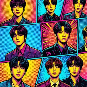 बोल्ड रंगों में पॉप आर्ट कॉमिक बुक शैली में BTS। — पिक्सल वॉच 3 वॉलपेपर