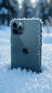 बर्फ में दबा iPhone 11 Pro Max जिसमें पाला और सर्दियों की पृष्ठभूमि है।